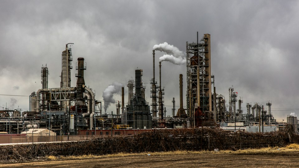 Oil refinery towers and industrial infrastructure