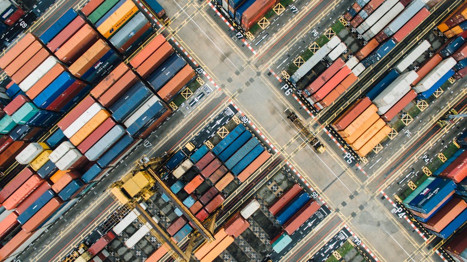 Aerial photograph of shipping containers at a freight port